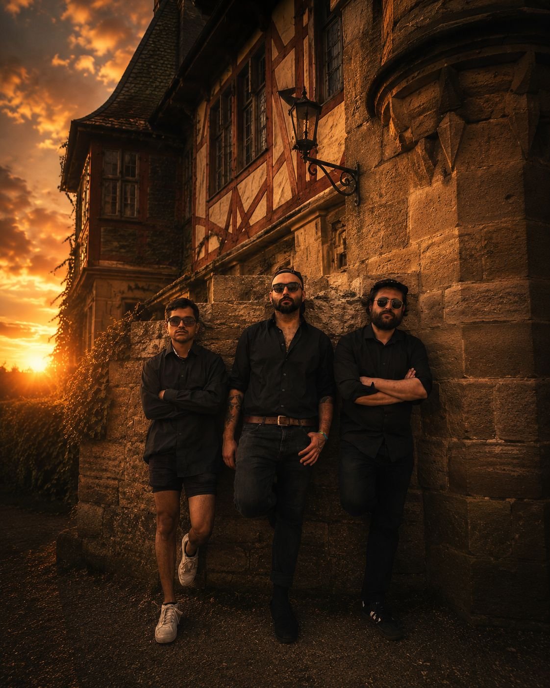Das Guilty Pleasure Power Trio vor einem Fachwerkhaus im Sonnenuntergang – Coverband aus Hannover